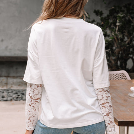 White Lace Long Sleeve Insert Drop Shoulder Tee