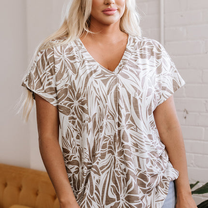 Khaki Floral Print V Neck Short Sleeve Loose Fit Blouse