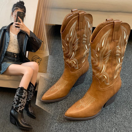 Embroidered Mid-calf Retro Cowboy Boot Women