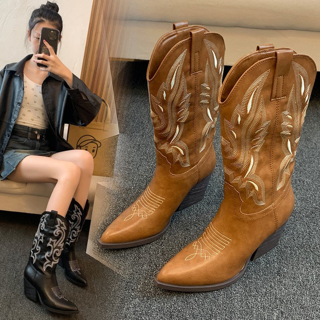 Embroidered Mid-calf Retro Cowboy Boot Women