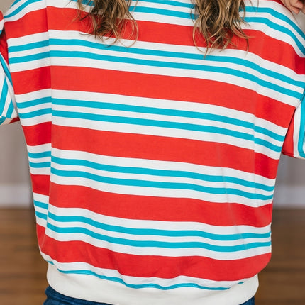 Red Stripe Striped Colorblock Long Sleeve Round Neck Tunic Plus Size Sweatshirt