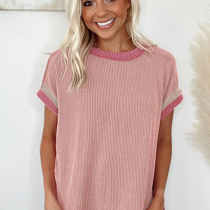 Light Pink Textured Contrast Trim Round Neck T Shirt