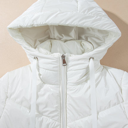 White Solid Quilted Hooded Zip Up Puffer Coat