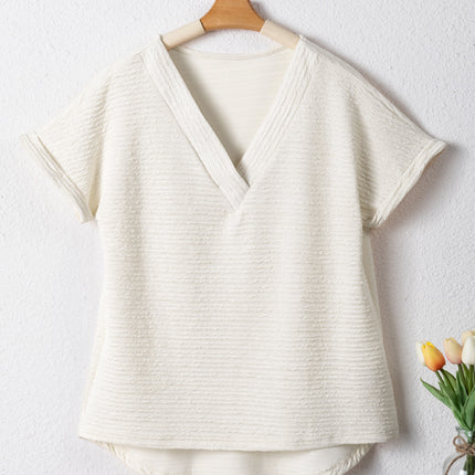 Pale Khaki Textured Wide Sleeve V Neck T Shirt