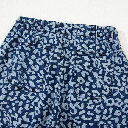 Blue Leopard Printed Drawstring Elastic Waistband Pocketed Wide Leg Jeans