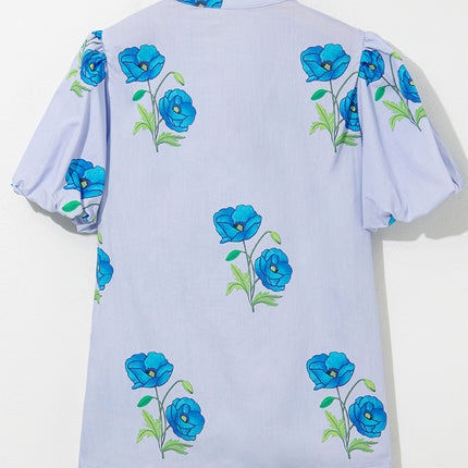 Sky Blue Floral Print Tie Split Neck Short Puff Sleeve Blouse