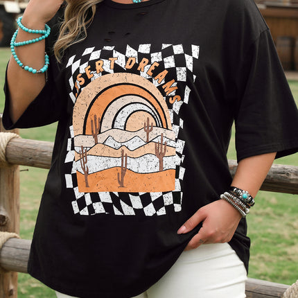 Black Checkerd DESERT DREAMS Printed Ripped Plus Size Tee
