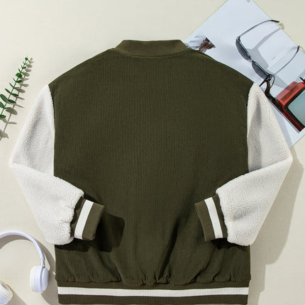 Mist Green Corduroy Fleece Patchwork Buttoned Bomber Jacket