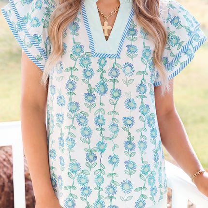 Green Floral Print Striped Detail Contrast V Neck Patchwork Flutter Sleeve Blouse