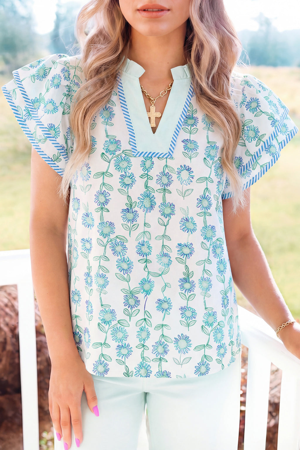 Green Floral Print Striped Detail Contrast V Neck Patchwork Flutter Sleeve Blouse