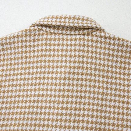 Khaki Houndstooth Color Contrast Textured Patchwork Loose Shacket