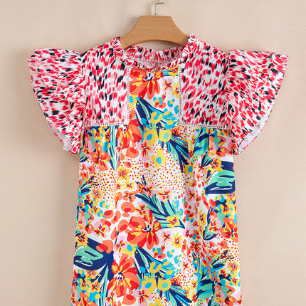 Red Floral Mixed Print Ruffle Cap Sleeve Blouse