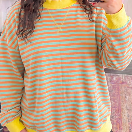 Orange Stripe High Neck Striped Colorblock Tunic Plus Size Sweatshirt