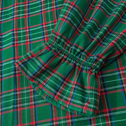 Green Tartan Plaid Square Neck Puff Sleeve Knot Waist Flared Midi Dress