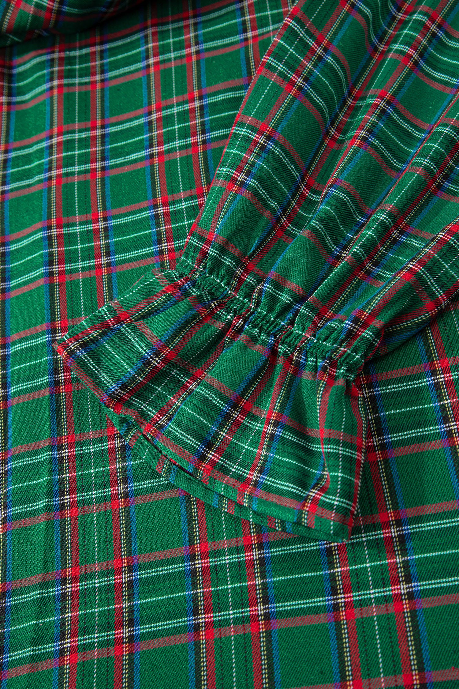 Green Tartan Plaid Square Neck Puff Sleeve Knot Waist Flared Midi Dress