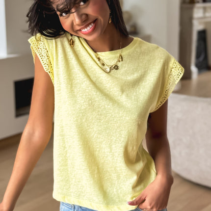 Yellow Cream Lace Patchwork Cap Sleeve Round Neck T Shirt