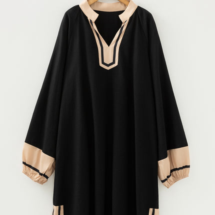 Black Plus Size Color Block Striped Trim V Neck Long Sleeve Shift Mini Dress