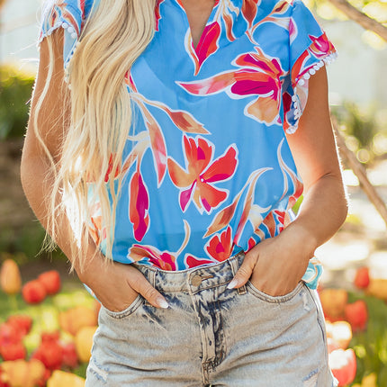 Sky Blue Floral Print V Neck Pompom Trim Flutter Sleeve Blouse