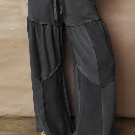 Black Plus Size Mineral Wash Exposed Seam Patchwork Drawstring Loose Pants