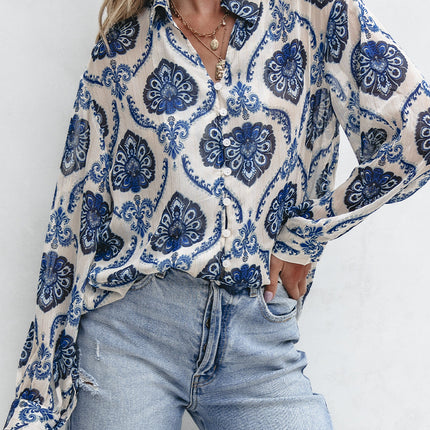 Blue Tribal Pattern Buttoned Front Loose Shirt