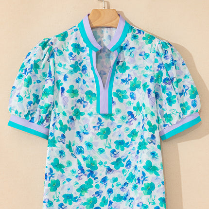 Green Floral Print Striped Trim Split V Neck Puff Short Sleeve Blouse