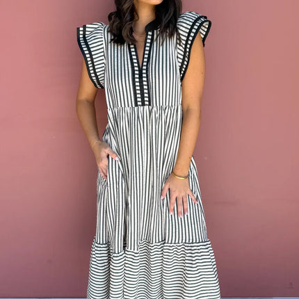 Brown Stripe Plus Size Slit V Neck Tiered Flutter Sleeve Maxi Dress