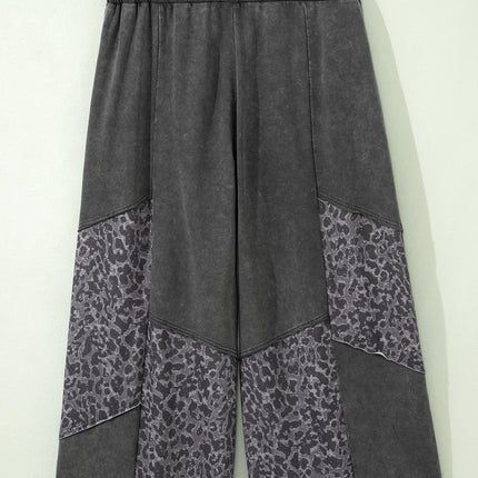 Dark Grey Plus Size Leopard Patchwork Mineral Wash Wide Leg Pants