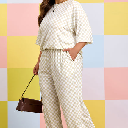 Khaki Plus Size Checkered Print Half Sleeve Tee Loose Pants Two-piece Lounge Set