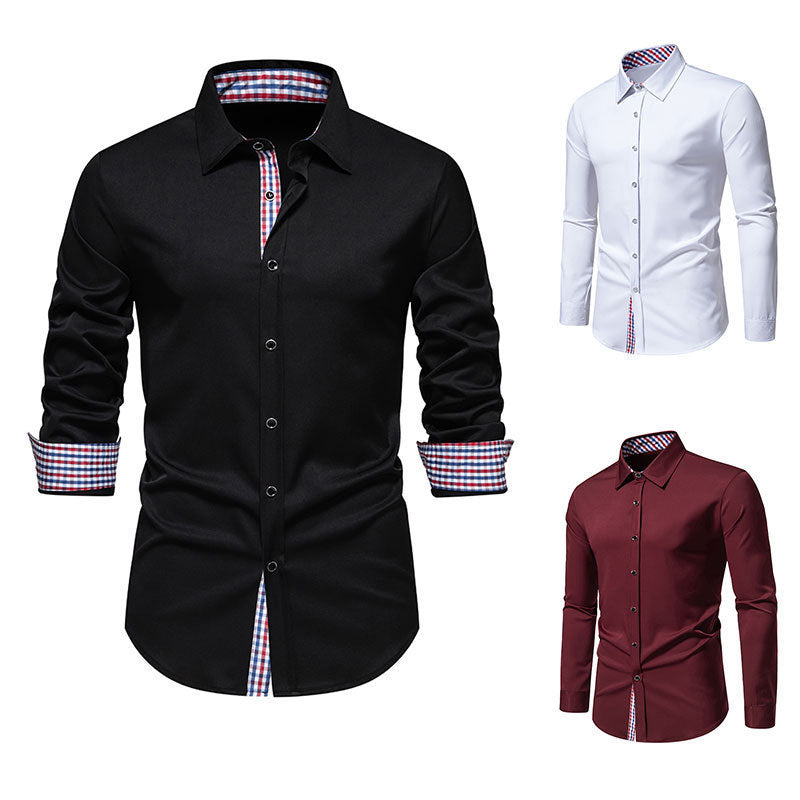 Men's Fashion Loose Plaid Stitching Casual Long-sleeved Shirt