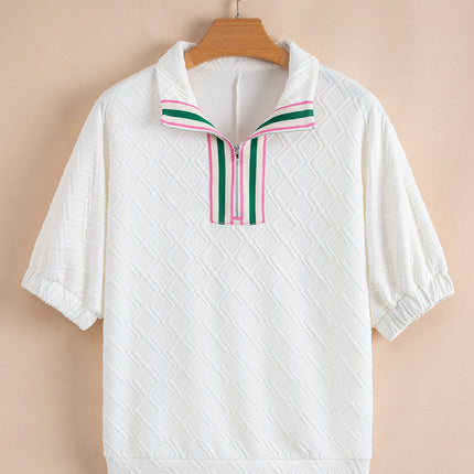 White Contrast Striped Collar Patchwork Textured Half Sleeve Blouse