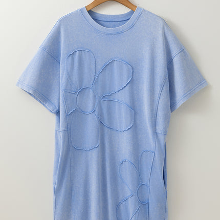 Sky Blue Mineral Wash Flower Patchwork Mini T Shirt Dress