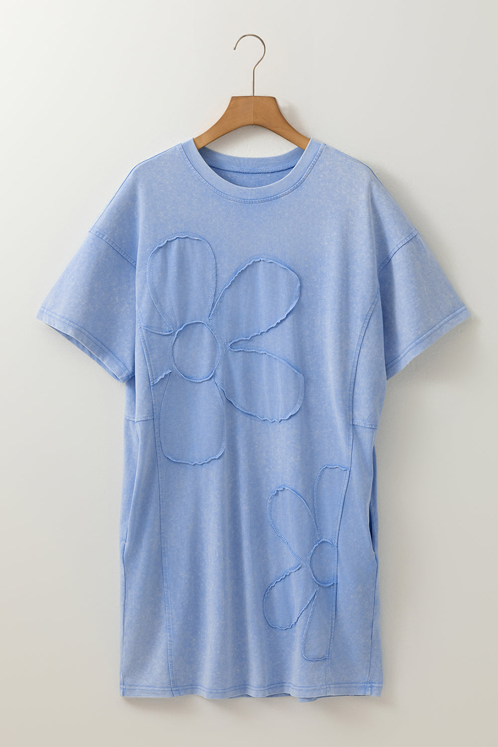 Sky Blue Mineral Wash Flower Patchwork Mini T Shirt Dress