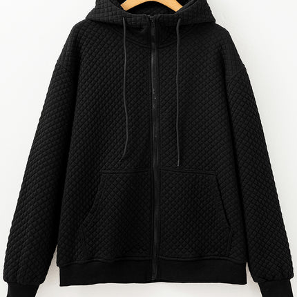 Black Quilted Side Pockets Zipper Hooded Jacket