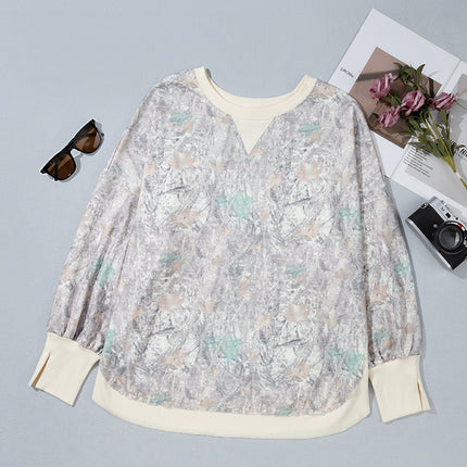 Khaki Camouflage Print Round Neck Long Sleeve Shift Plus Size Sweatshirt