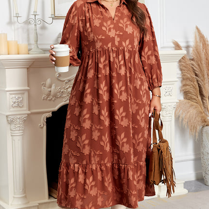 Cinnamon Plus Size Textured 3D Flower Pattern Ruffle Hem 3/4 Sleeve Long Dress
