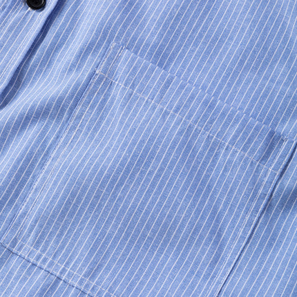 Sky Blue Stripe Roll-tab Sleeve Pocketed Long Shirt