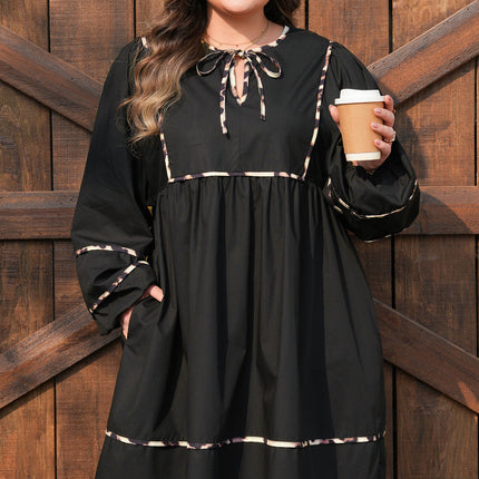 Black Plus Size Long Sleeve Leopard Contrasted Trim Tie Neck Flared Mini Dress