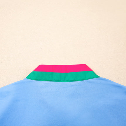 Sky Blue Contrast Striped V Neck Collision Short Puff Sleeve Blouse