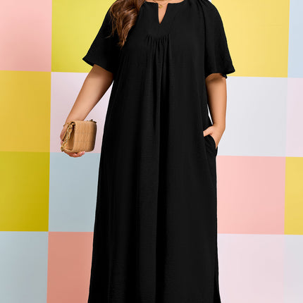 Black Plus Size Solid Color Notched Neck Short Sleeve Loose Dress