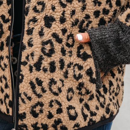 Khaki Leopard Print Zip Up Stand Neck Side Pocket Jacket