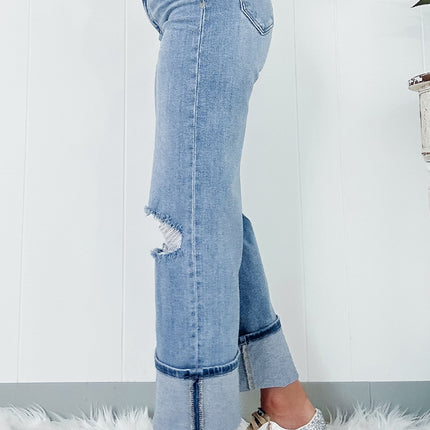 Dusk Blue High Rise Asymmetric Button Zip Fly Ripped Jeans