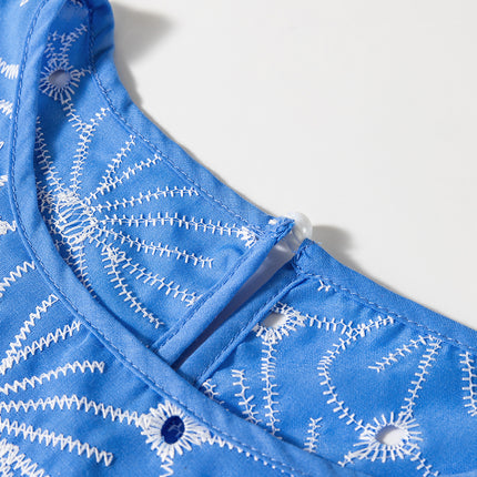 Sky Blue Eyelet Flower Embroidery Frilled Short Puff Sleeve Blouse