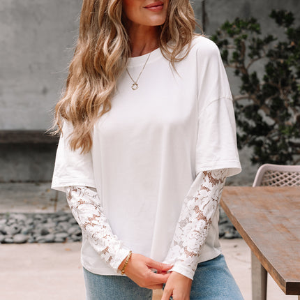 White Lace Long Sleeve Insert Drop Shoulder Tee