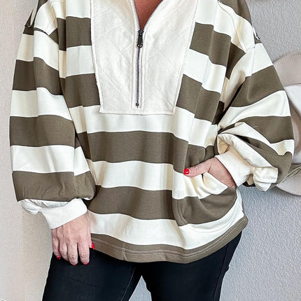 Green Stripe Plus Size Half Zipped Casual Sweatshirt
