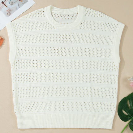 White Plus Size Eyelet Hollow Out Knit Ribbed Trim Short Sleeve Dolman Sweater