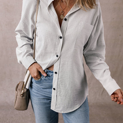 DEAR-LOVER Stripe Roll-tab Sleeve Pocketed Long Shirt
