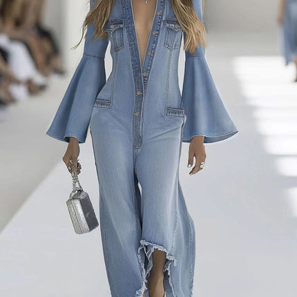 Women's Loose Solid Color Casual Single-Breasted Denim Jumpsuit