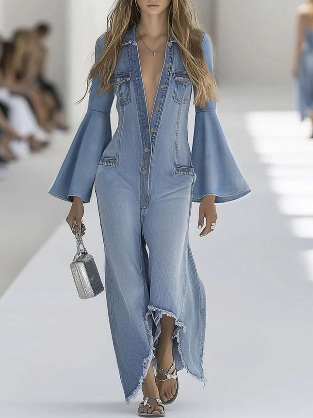 Women's Loose Solid Color Casual Single-Breasted Denim Jumpsuit