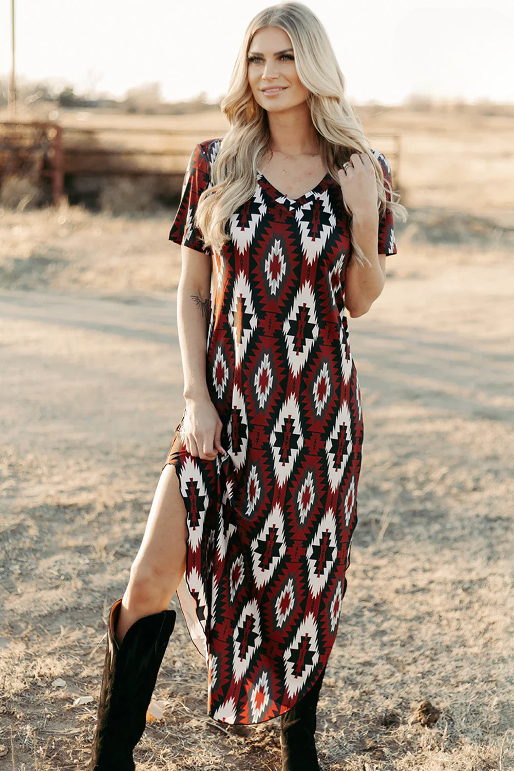 Red Western Aztec Printed Long T-shirt Dress