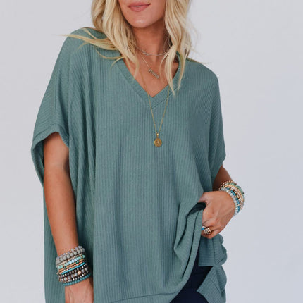 Moonlight Jade Oversized Ribbed Knit V Neck Dolman Short Sleeve Top